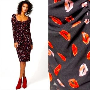 Lip Print Ruched Midi Dress Bardot Style